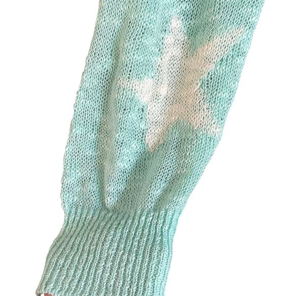 Aqua White Star Loose Weave Slouchy Sweater LARGE Beachy Whimsical Layering - Picture 4 of 10